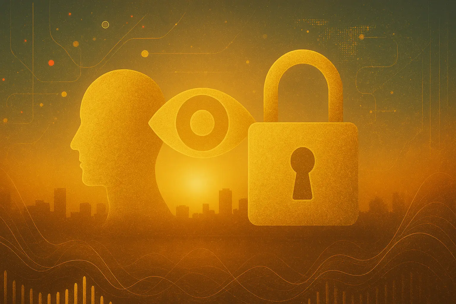 Symbolic image of privacy featuring a human figure, eye, and padlock representing data protection and security.
